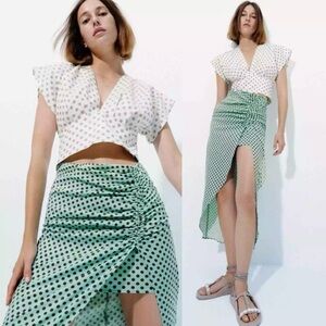 Zara Women's Linen Blend Polka Dot High Slit Midi Brown Green Skirt Size Small